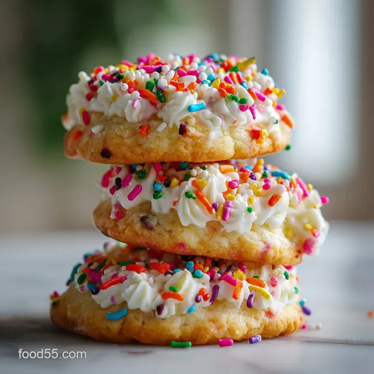 Three light and airy cookies stacked on a plate, powdered sugar dusting, hinting at a sweet, melt-in-your-mouth treat.