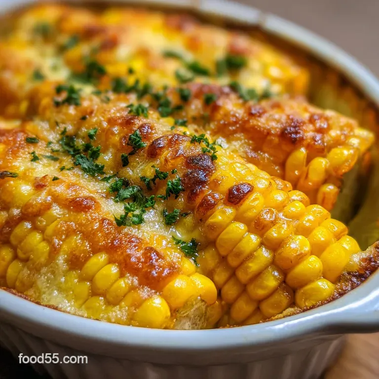 Buttery corn bake, vibrant yellow kernels offset by bright green herbs, presented on a white plate against a dark, contras...