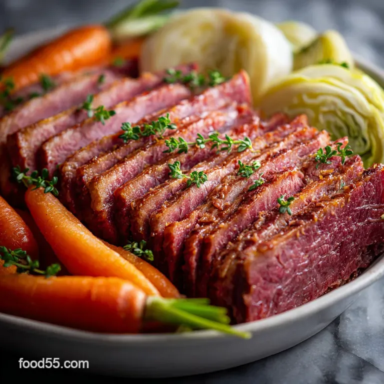 Plated corned beef and cabbage: Pink meat glistens beside vibrant green vegetables, a visually comforting, rustic presenta...