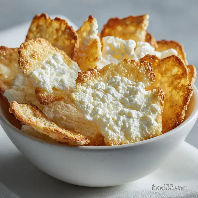 Neatly arranged cottage cheese crisps on a white plate. Lightly browned, with a sprinkle of herbs. Appetizing and delicate.