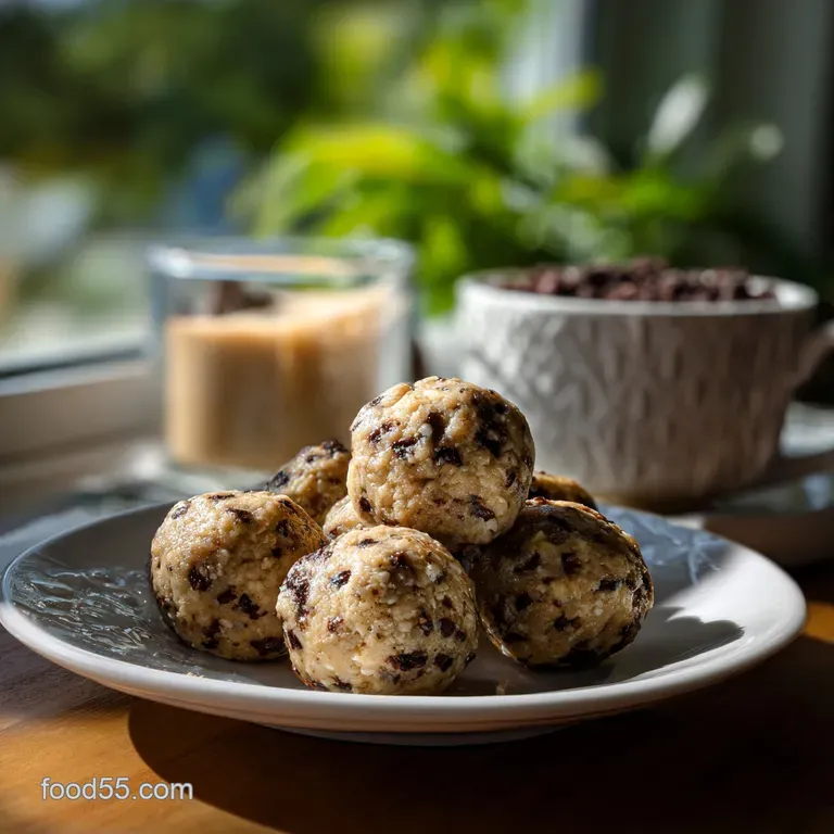 Creamy cookie dough bites elegantly arranged on a small plate, sprinkled with sea salt, hint of decadence.