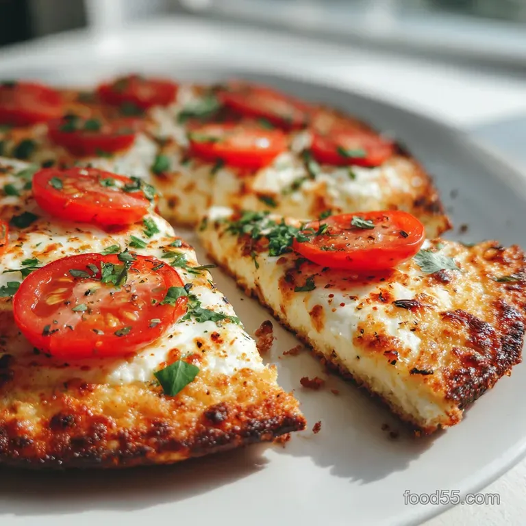 A slice of golden-brown pizza sits on a white plate, steam rising. Cottage cheese pizza with blistered cheese and colorful...