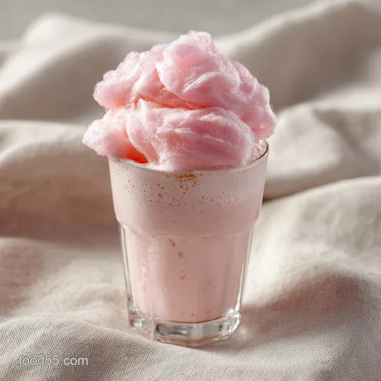 Frothy pink milkshake in a stemmed glass, crowned with fluffy cotton candy, beside a silver spoon on a marble surface.