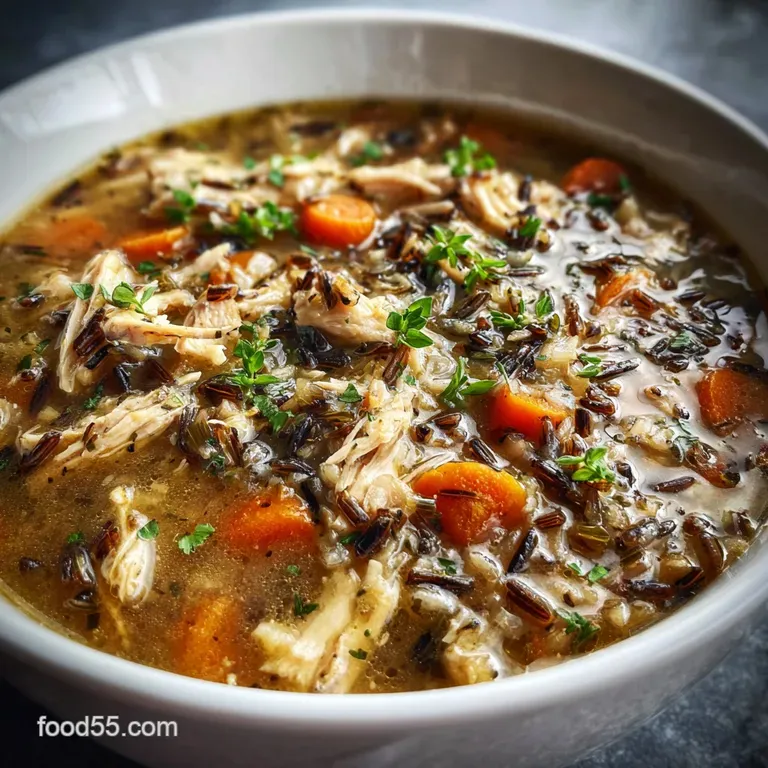 Elegant bowl of rich, golden chicken soup, garnished with a swirl of cream and a sprig of fresh thyme.