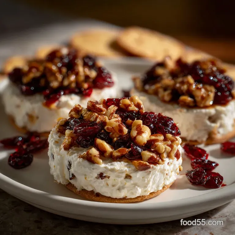 Elegant serving of chilled cranberry-nut cream cheese balls. The creamy, textured cheese contrasted by crunchy nuts and ga...