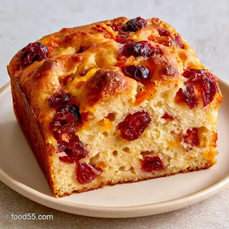 Sliced golden-brown bread featuring tart red berries, served on a white platter with fresh orange slices.