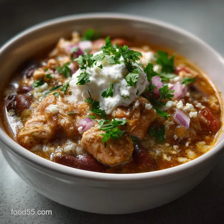 Creamy chicken chili served in a rustic bowl with a side of warm, crusty bread. A perfect, comforting meal. Appealing text...