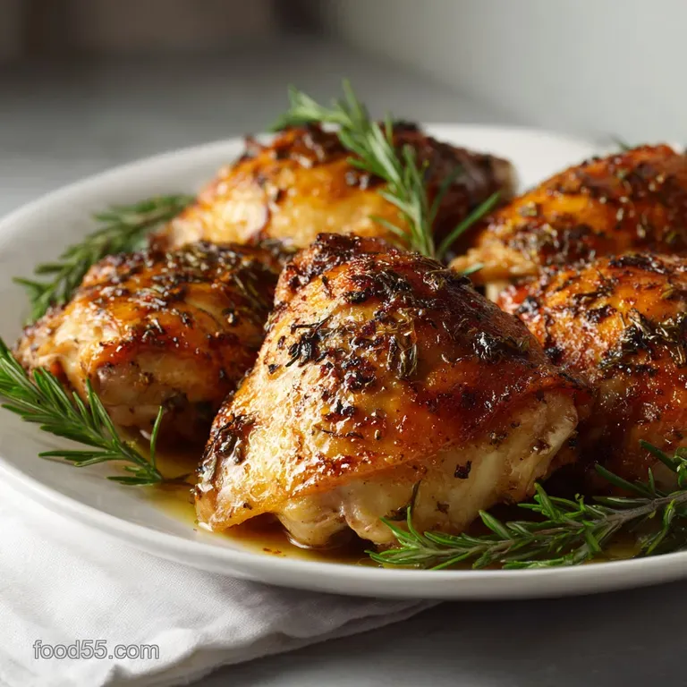 Plated chicken thigh with herbs, creamy sauce drizzled. Steaming potatoes beside the tender baked meat, golden-brown skin.