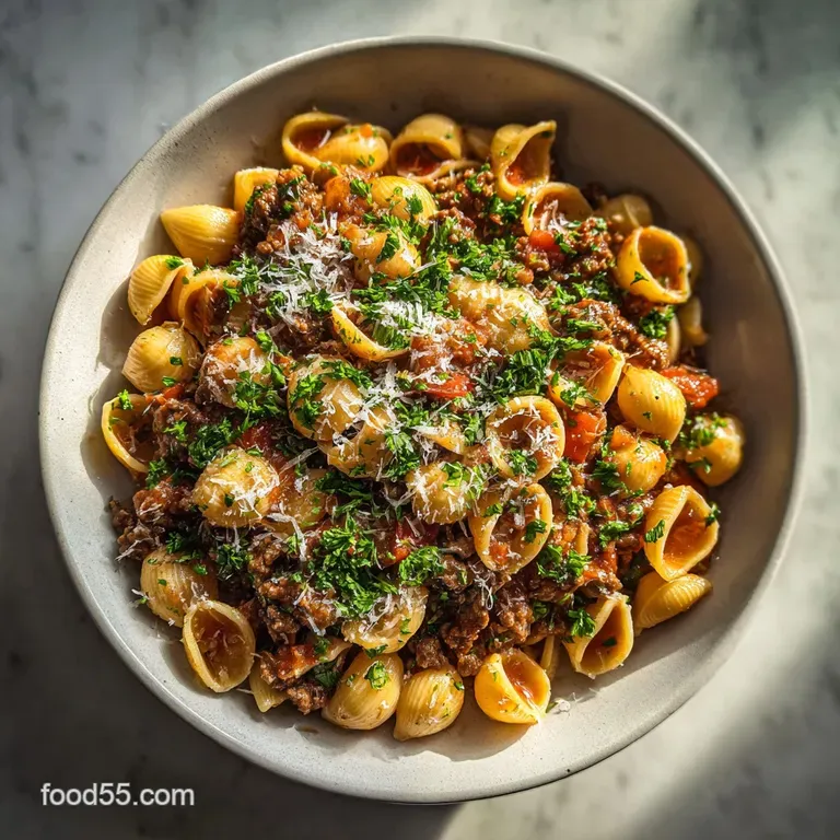 Plated swirl of tender pasta coated in a decadent cream sauce with savory ground beef and a sprinkle of vibrant green herbs.