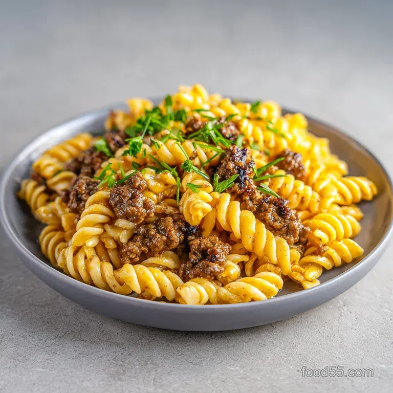 Creamy beef and rotini plated with a sprinkle of parsley; sauce glistens, promising savory garlic flavor on the pasta.