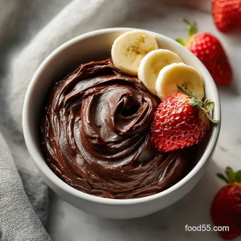 Brownie batter dip in a clear glass bowl, garnished with chocolate shavings and served with graham crackers and strawberries.