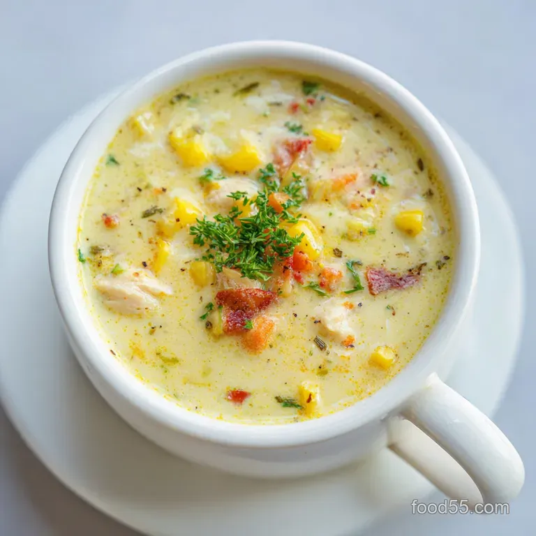 A steaming bowl of chicken corn chowder, topped with crispy bacon and fresh parsley, invitingly presented