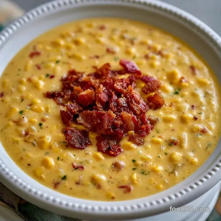 A white ceramic bowl of thick, creamy soup garnished with crisp bacon strips and a sprinkle of bright green herbs.