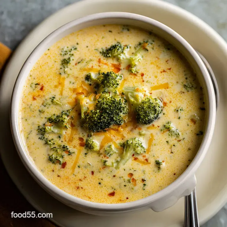 A warm bowl of creamy broccoli cheddar soup, topped with golden melted cheese and crusty bread slices.