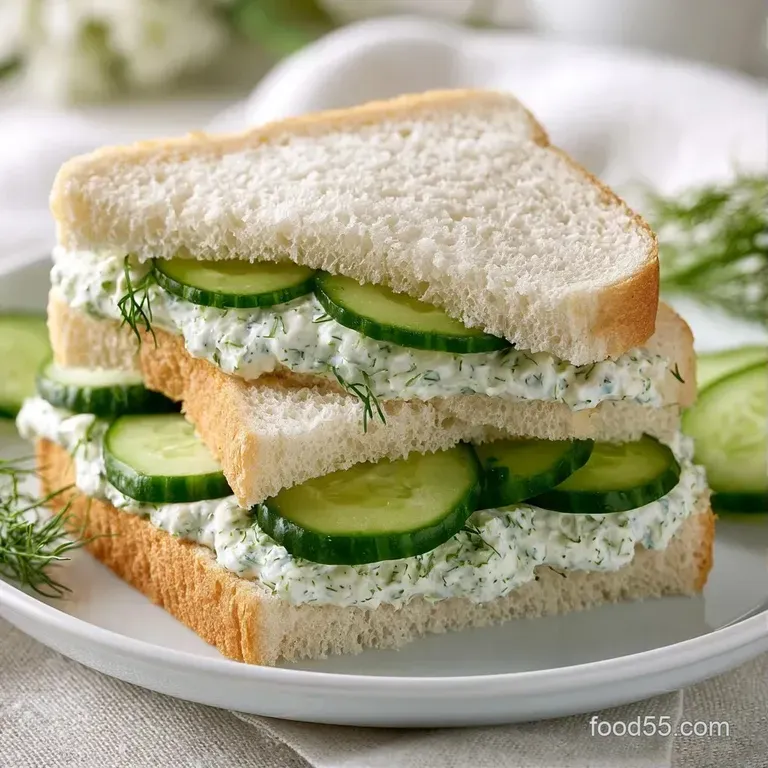 Dainty finger sandwiches arranged on a white platter, accented by fresh dill sprigs and a bright, clean background.
