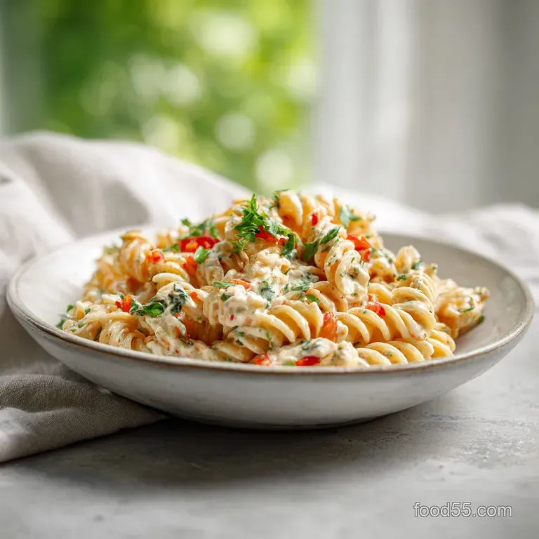 Al dente penne arranged on a white plate, dressed in velvety cottage cheese cream with fresh herbs and parmesan curls