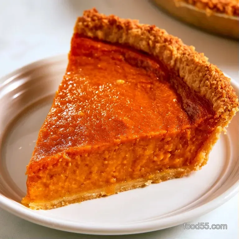 A slice of vibrant orange pumpkin tart on a dark slate board, paired with a cinnamon stick and autumn leaves.