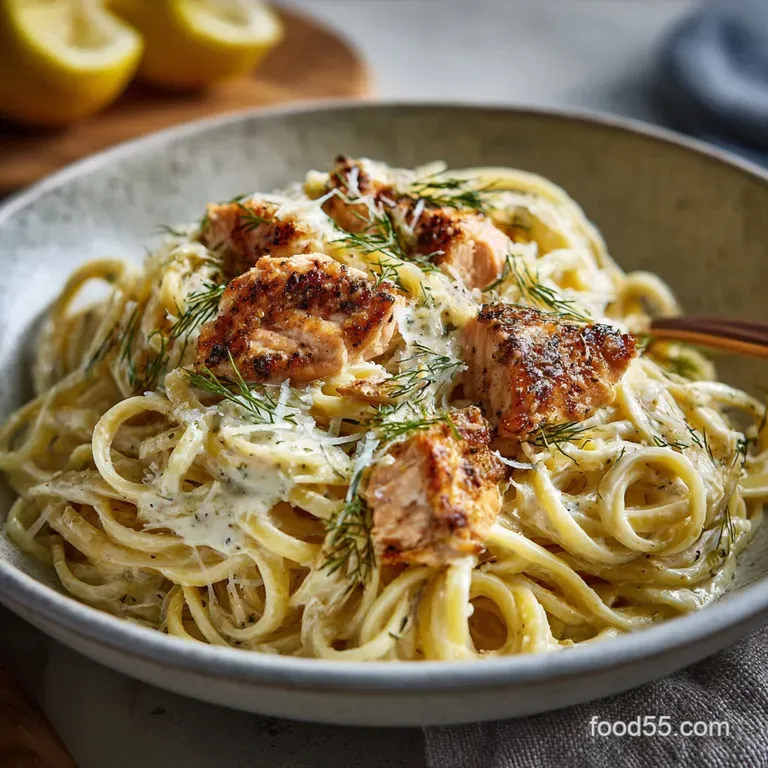 Sophisticated Alfredo Salmon Pasta with Crispy Skin Dill presentation