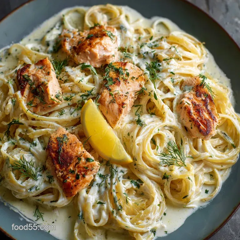 Sophisticated Alfredo Salmon Pasta with Crispy Skin Dill