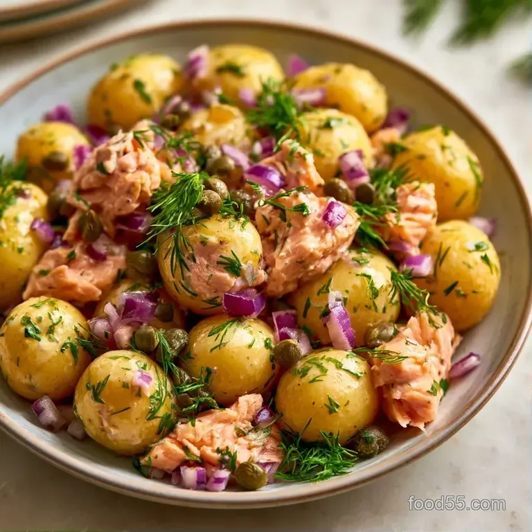 Neatly scooped mounds of creamy potato salad topped with a seared salmon piece and a sprig of fresh green parsley.