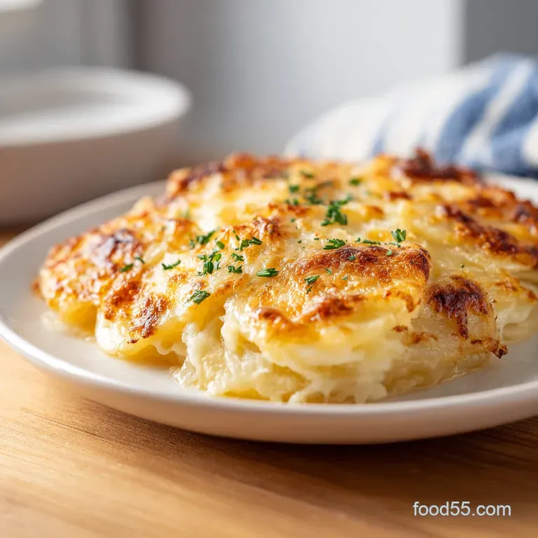 An elegant swirl of creamy scalloped potatoes, topped with fresh chives, on a white plate.