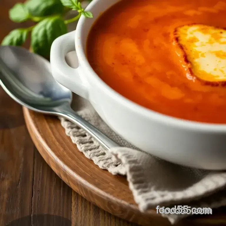Creamy Tomato & Basil Soup with Grilled Cheese Croutons presentation