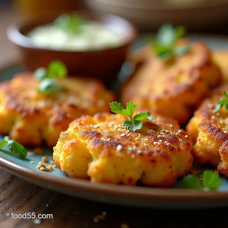 Golden Cauliflower Parmesan Fritters with Zesty Herb Dip presentation