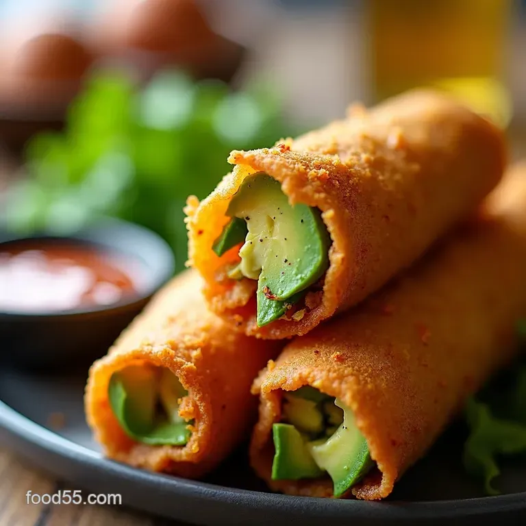 Crispy Avocado Egg Rolls with Sweet Spicy Dipping Sauce presentation