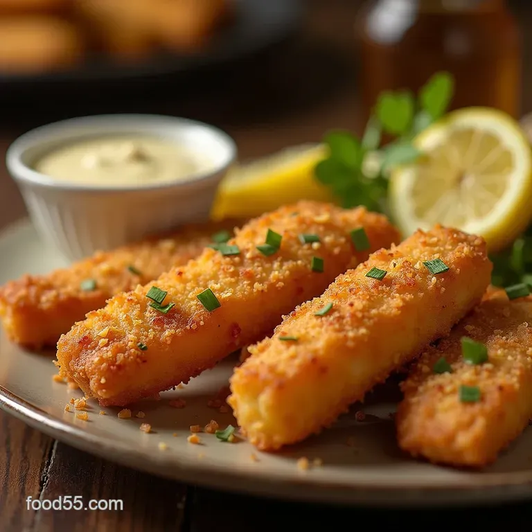 Chefs Crispy Baked Fish Sticks with Tangy Lemon Caper Sauce presentation