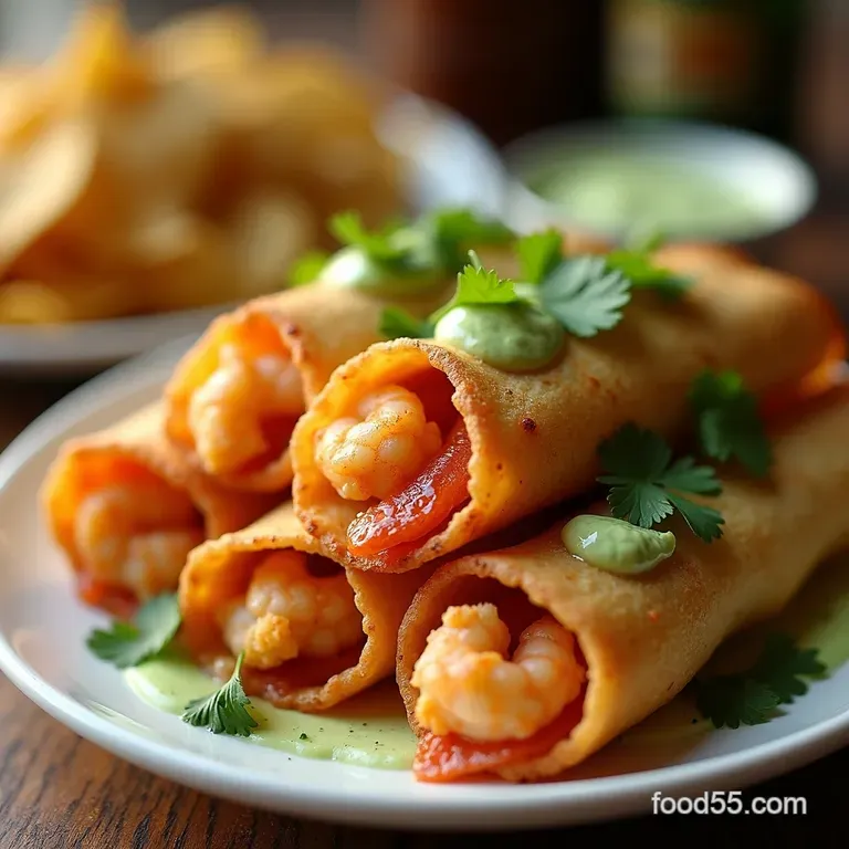 Crispy Baked Shrimp Taquitos with Cilantrolime Crema presentation