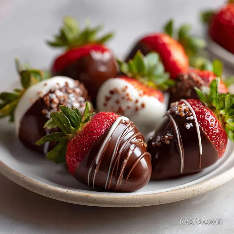 A tower of vibrant red strawberries dipped in rich chocolate, artistically arranged on a clean white serving platter. Deca...