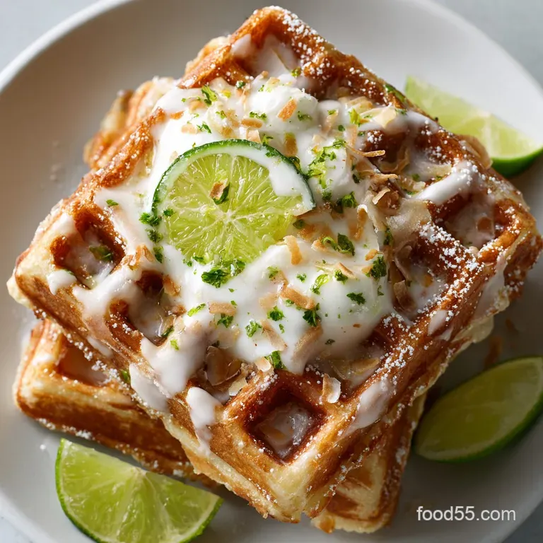 Coconut Dessert Waffles: Sunshine Stack with Crispy Edges and Lime Glaze presentation