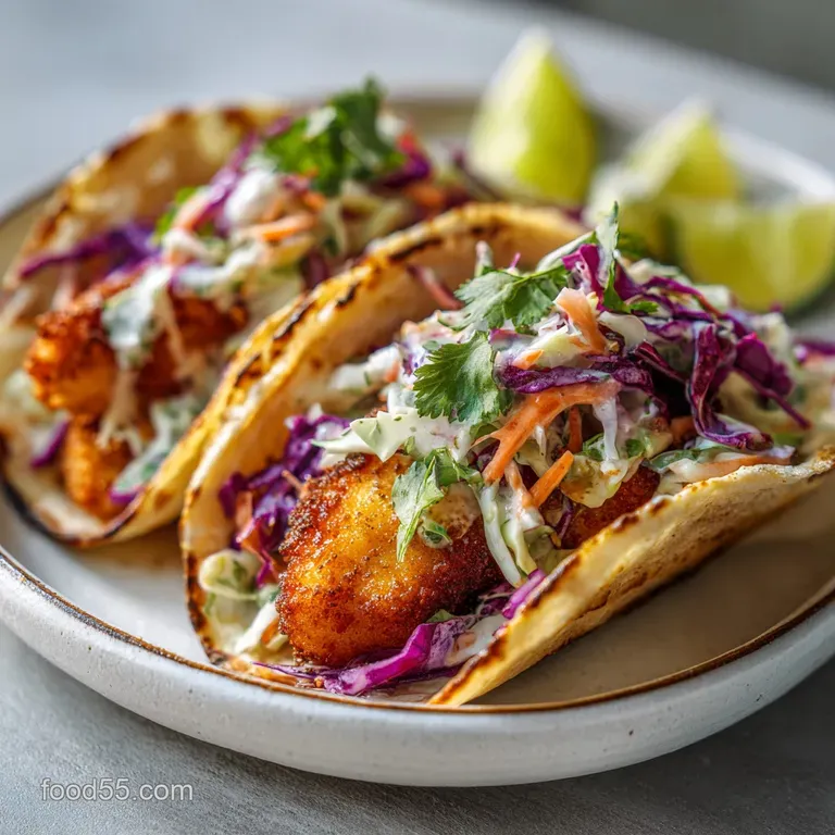 Crispy fish taco with creamy white sauce and vibrant green cilantro lime slaw, artfully arranged on a white plate with lim...