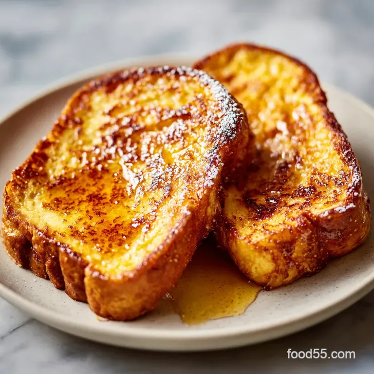 French toast triangles stacked high and topped with fresh berries, a dollop of whipped cream, and a dusting of powdered su...