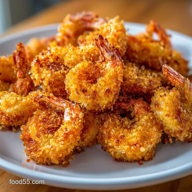 Perfectly plated crispy fried shrimp with vibrant green garnish. The glistening, golden crustaceans sit atop a white plate...