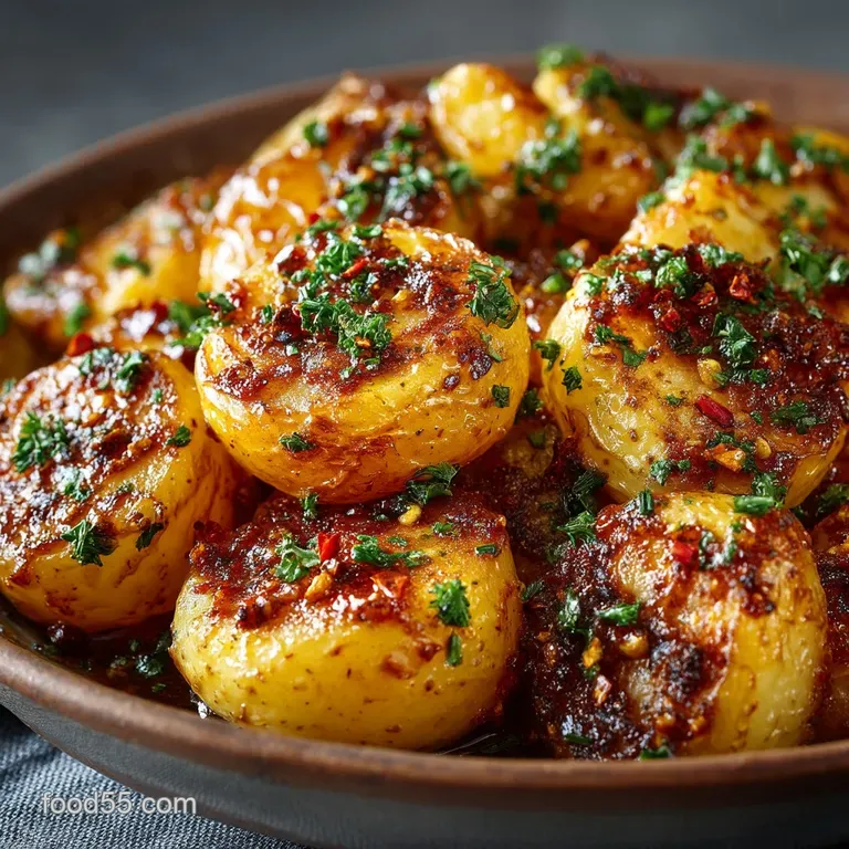 Sticky Crispy and Golden Ultimate Honey Mustard Roast Potatoes presentation