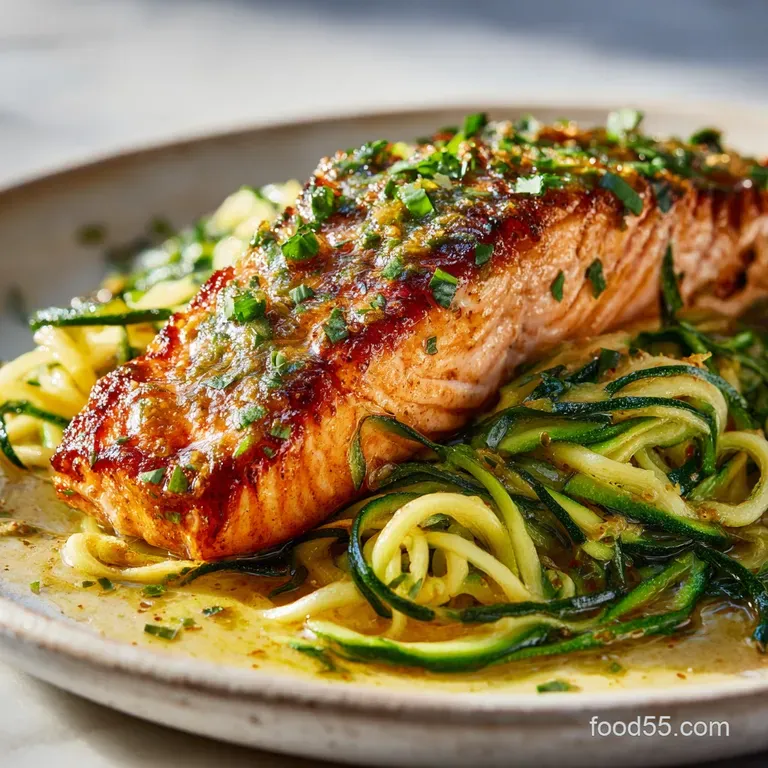 The Midweek Marvel Crispyskinned Lemon Garlic Butter Salmon with Speedy Zucchini Noodles presentation