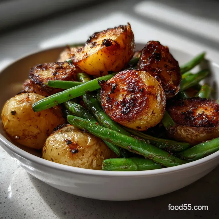 Crisp green beans and perfectly roasted potatoes artfully arranged on a white plate, ready to be enjoyed as a side.