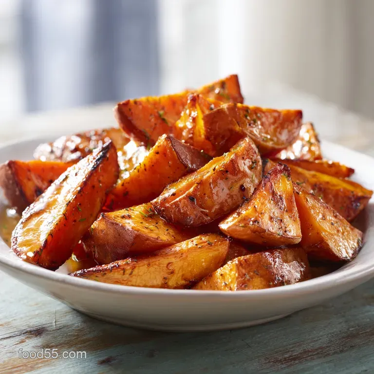 Plated sweet potatoes glistening with oil & herbs, beside a dollop of creamy white sauce. An elegant and delicious single ...