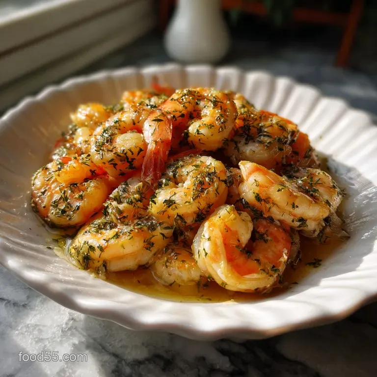 Elegant plate showcasing plump, pink shrimp, drizzled with sauce and paired with delicate garnishes; a sophisticated appet...