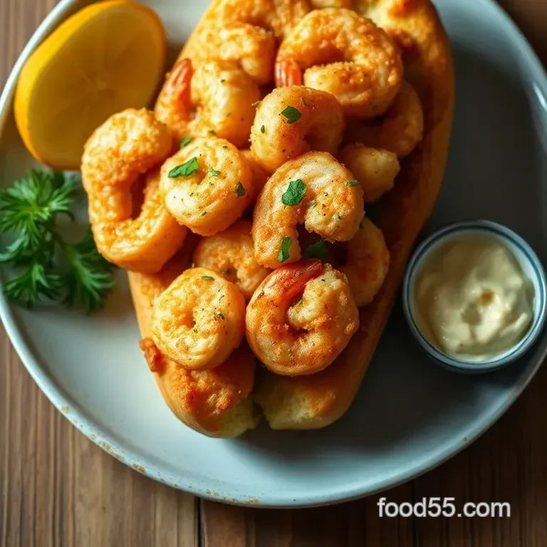 Crispy Shrimp Po Boy Sandwich with Remoulade Sauce presentation