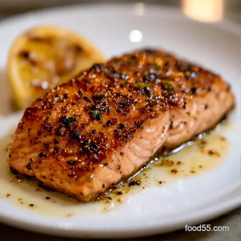 Perfectly seared salmon fillet paired with bright green asparagus and a glossy drizzle of lemon-butter sauce.