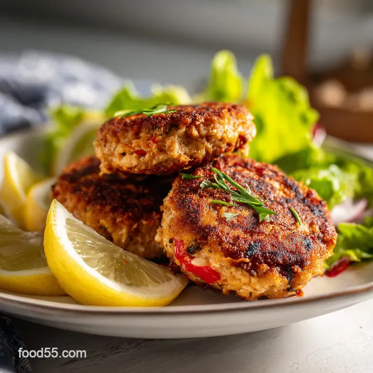 Two perfectly round, lightly fried salmon patties, fanned out with a side of lemon wedges on a white plate.