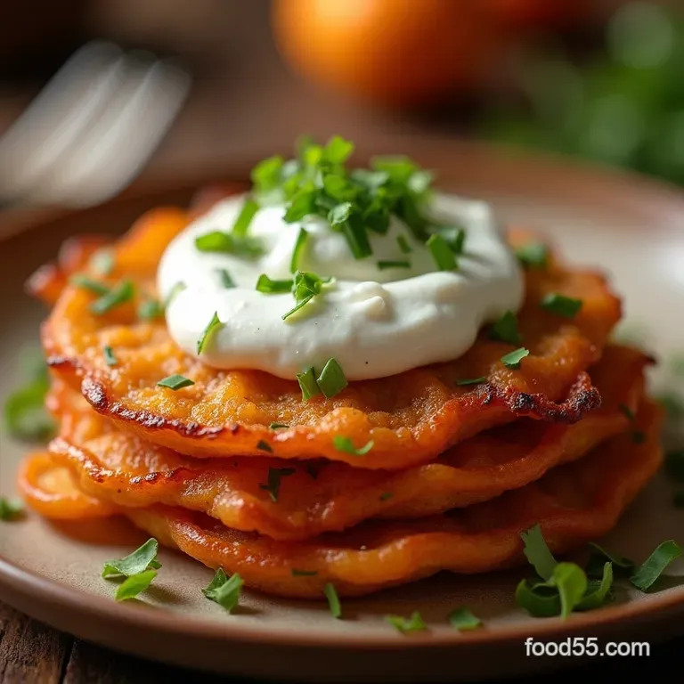 Autumn Gold Spirals Crispy Sweet Potato Latkes with a Tangy Swirl presentation