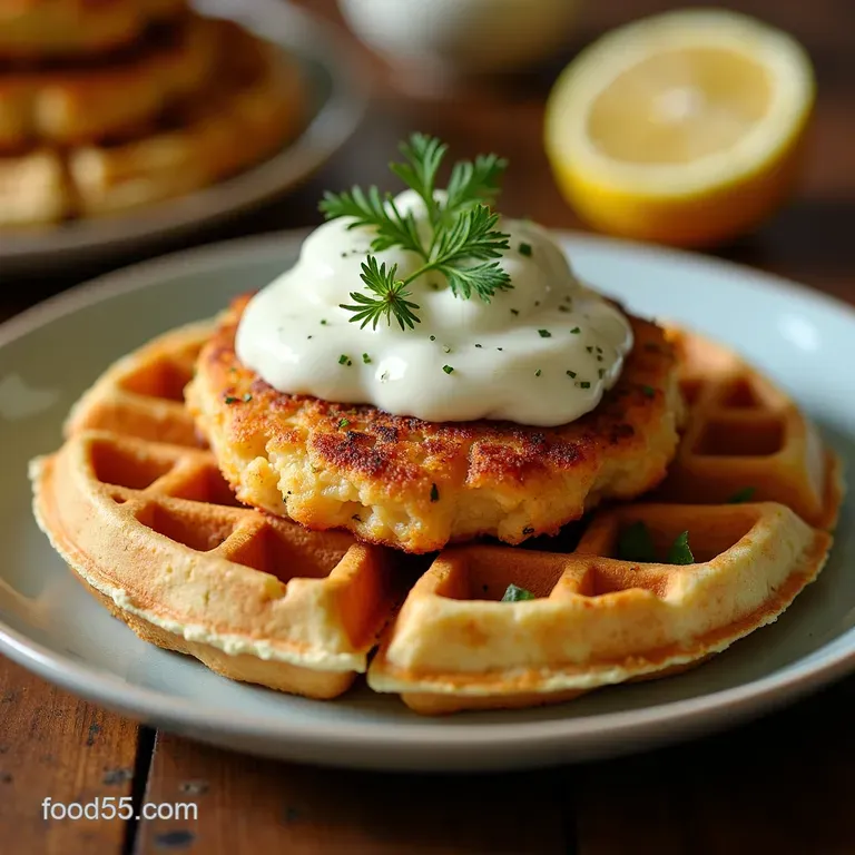Crispy Waffle Salmon Cakes with Lemondill Aioli presentation