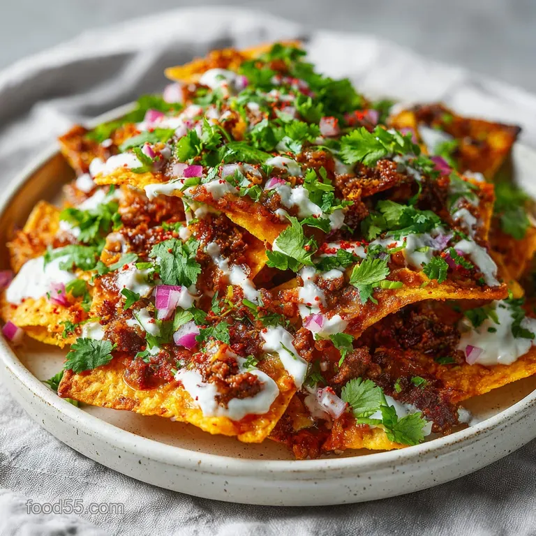A single, artfully arranged serving of Whole30 nachos showcasing the textures of the crispy chips and fresh, colorful vegg...