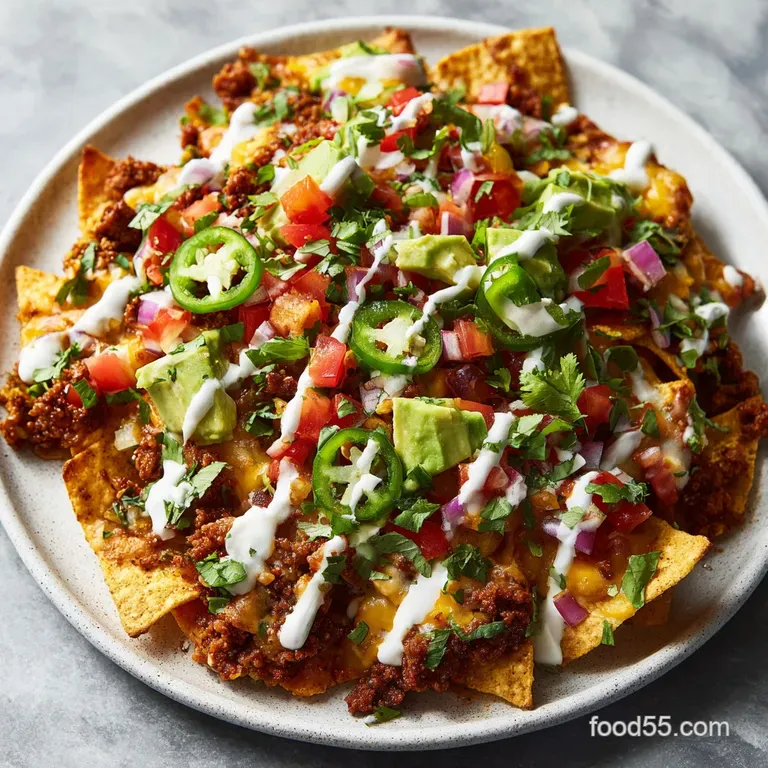 Overhead shot of vibrant Whole30 nachos piled high with colorful toppings, crispy plantain chips, and creamy sauces drizzl...