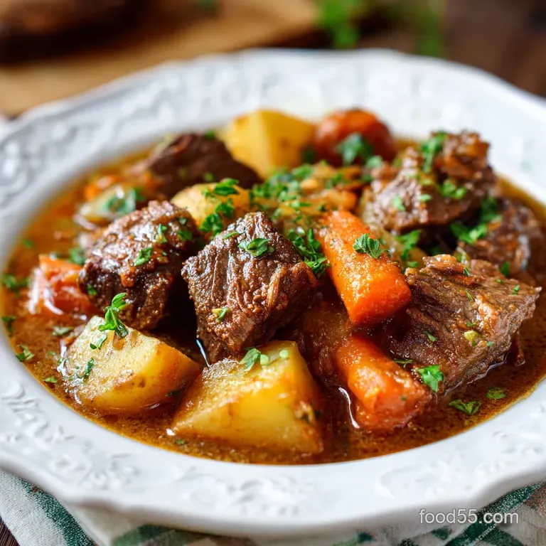 Hearty stew served in a white bowl with a sprig of fresh parsley and a side of crusty, golden-brown toasted bread.