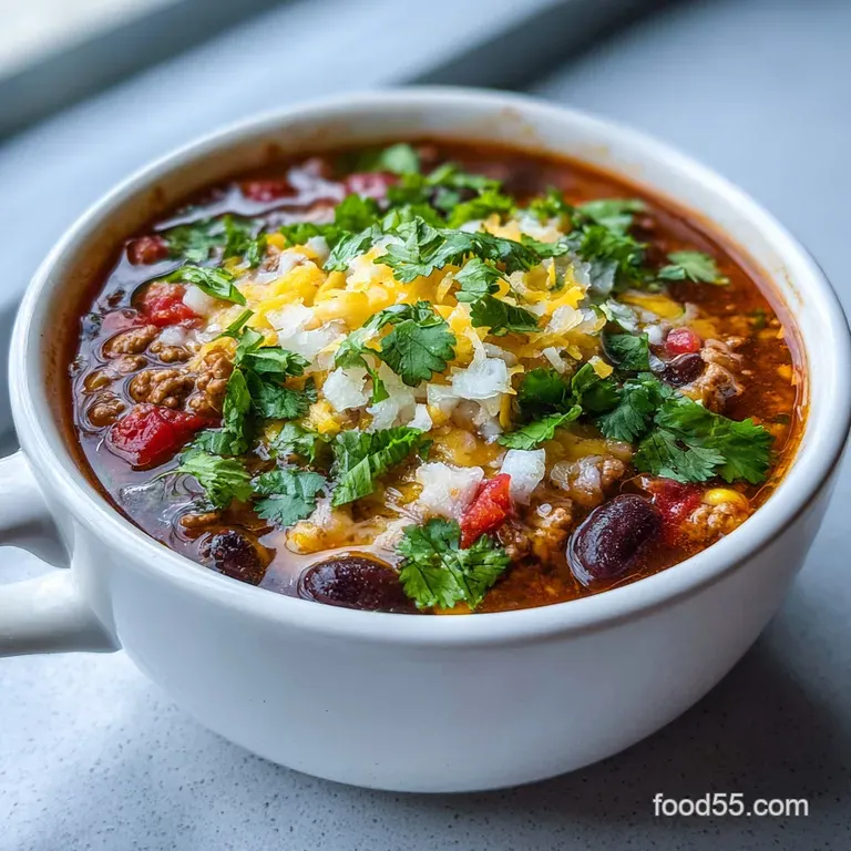 Creamy taco soup in a white bowl, garnished with shredded cheese, a dollop of sour cream, and vibrant green cilantro; warm...