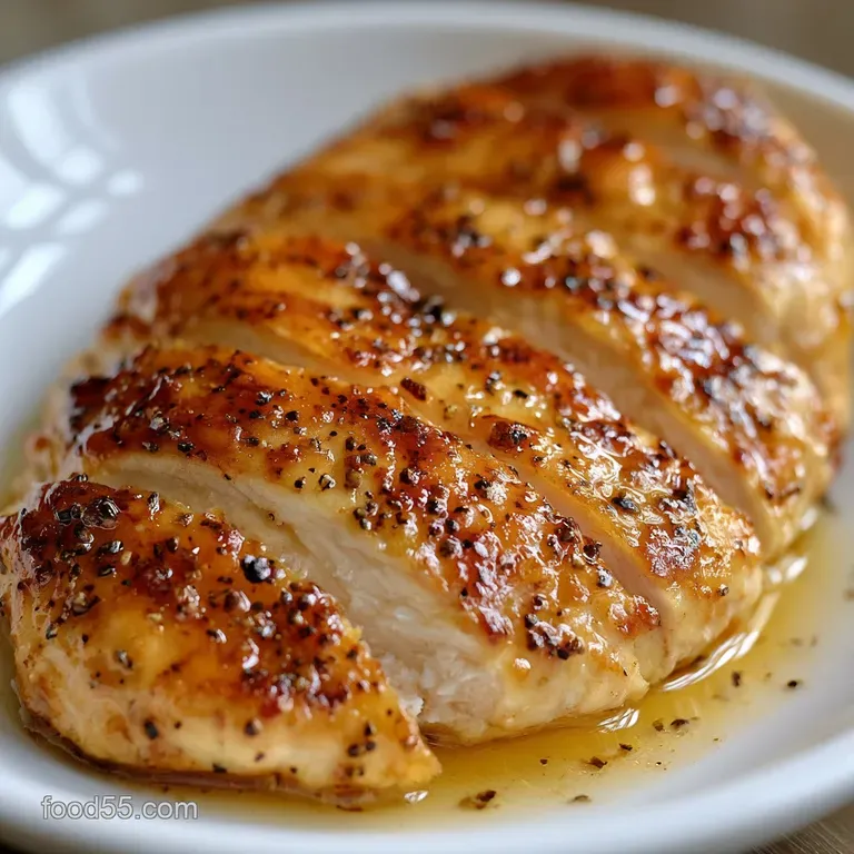 Sliced succulent chicken breasts on a white platter, garnished with fresh parsley and a drizzle of warm pan sauce.